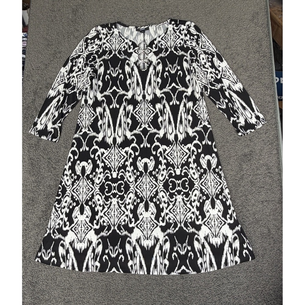 MSK Black White Ikat Damask A-Line Dress 3/4 Sleeve Silver Ring Split Neck Small